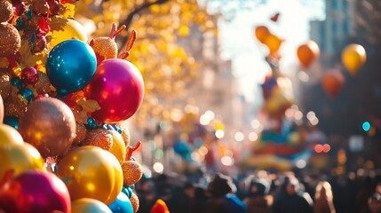 A lively background capturing the essence of a Thanksgiving Day parade, with floats and balloons in the distance.