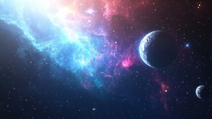 3D effect of a dynamic space scene with planets, stars, and glowing nebulae