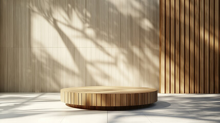 3d wooden podium on a beige background. Product stand in an empty bright studio room. Minimalistic template for the presentation of beauty and cosmetics