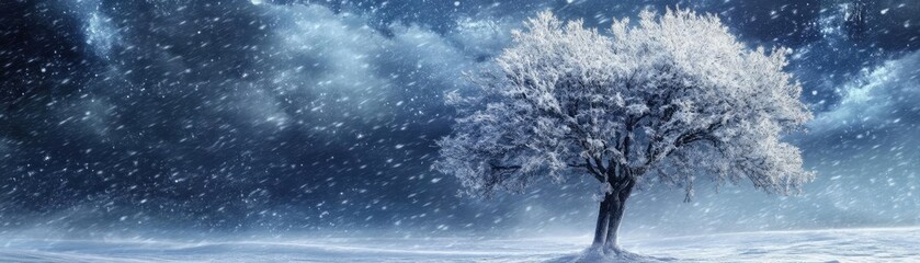Aufkleber - A serene winter scene featuring a snow-covered tree under a starry sky, evoking tranquility and the beauty of nature.