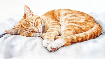Aufkleber - A cozy sleeping cat on a soft bedspread with a white background during a tranquil afternoon. Generative AI
