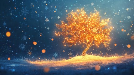 Aufkleber - A magical winter scene featuring a glowing tree adorned with shimmering lights, surrounded by soft snowflakes and a serene atmosphere.