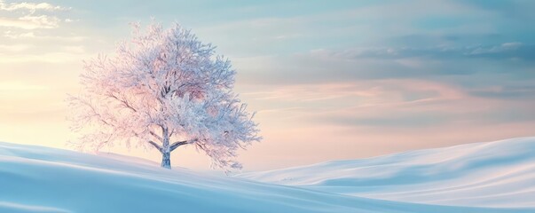 Poster - A serene winter landscape with a solitary snow-covered tree against a pastel sky, evoking tranquility and beauty in nature.