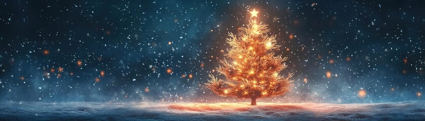 Aufkleber - A magical Christmas tree adorned with glowing lights, set against a serene snowy landscape and sparkling stars.