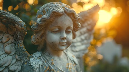 a close-up of a stone statue of an angel. The angel has curly hair and is depicted with a serene expression, eyes closed, and slightly smiling. Its wings are visible behind it. 