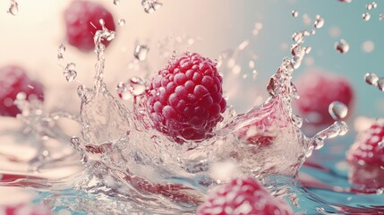 Canvas Print - Raspberry mid-fall into water, creating ripples and splashes in a vibrant mockup of freshness and motion.