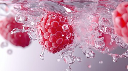 Canvas Print - Raspberry mid-fall into water, creating ripples and splashes in a vibrant mockup of freshness and motion.