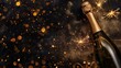 © Daria Lukoiko - Bottle of champagne rests on a dark, glittery backdrop by the warm glow of sparklers, the festive spirit of a new year's eve celebration party. Happy new year background with copy space