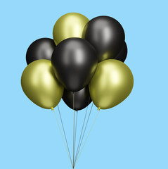 Aufkleber - Bunch of black and gold balloons. isolated on blue background. 3D rendering