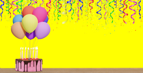 Aufkleber - Birthday cake with bunch of colorful balloons on yellow background with confetti. Empty space for text. 3d rendering