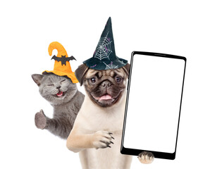 Poster - Happy cat and Pug puppy wearing  hats for halloween looks at camera. Dog shows smartphone with white blank screen in it paw. Cat shows thumbs up gesture. isolated on white background