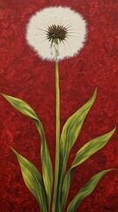 Wall Mural -  A dandelion painting on a red backdrop with its white bloom centered