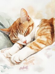 Poster - A peaceful sleeping cat resting on a soft bedspread with a white background, enjoying a cozy moment of relaxation. Generative AI