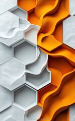 Poster - Abstract geometric background with white cubes and vibrant orange mesh design highlighting hexagonal patterns