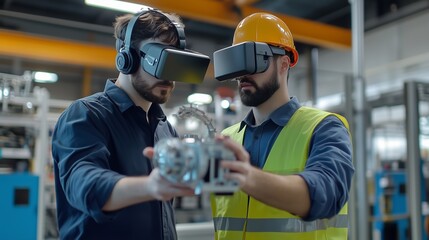 Poster - two men using virtual reality headsets to collaborate on robotics project in a high-tech manufacturi