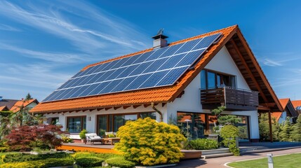 Solar panels on the gable roof of a beautiful modern home.