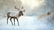 © Tin - A majestic reindeer walks through a snowy landscape, surrounded by falling snowflakes, capturing the beauty of winter nature.