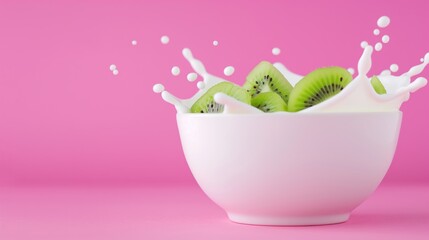 Wall Mural - A bowl of milk splashing with kiwi fruit slices on pink background with copy space.