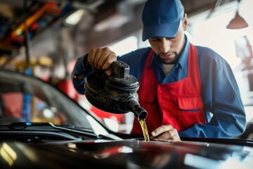 Poster - Male mechanic in service center refilling car oil from oil can. Hands examining engine hood. Close-up of car maintenance job. Professional mechanic at work.