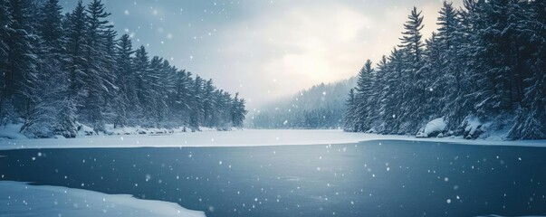 Aufkleber - A serene winter landscape featuring a frozen lake surrounded by snow-covered trees under a soft snowfall.