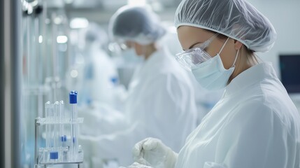 Poster - laboratory technicians conducting experiments in a clean room environment during daylight hours