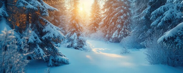Poster - A serene winter landscape featuring snow-covered trees and a golden sun rising through the forest, creating a peaceful atmosphere.