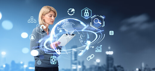 Poster - Businesswoman using a tablet, surrounded by digital graphics on