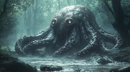 Wall Mural - Mythical Octopus Monster in a Foggy Forest