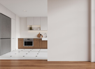 Poster - Stylish home kitchen interior with cooking cabinet and fridge. Mockup wall