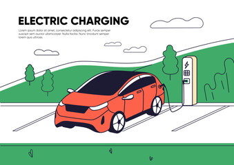 Web banner design with electric car charger. Red automobile is charging on station. Eco clean auto on sustainable energy is refueling batteries. Modern ecology. Flat outline vector illustration