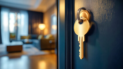 A golden key in a door lock with a blurred view of a modern living room interior in the background inviting exploration of home spaces