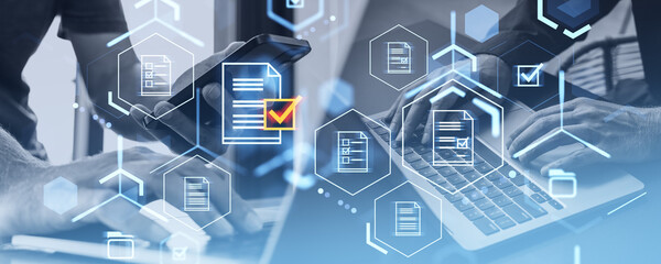 Poster - digital security interface displaying document icons with checkmarks. users on devices in the backgr