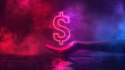 Poster - Dollar sign neon on dark background, copy space