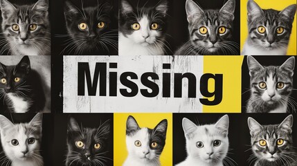 Leinwandbilder - A cat is missing message on a black and white grainy grungy collage with different cats. Lost pets problem.