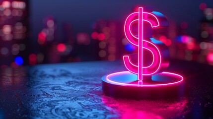 Poster - Dollar sign neon on dark background, copy space