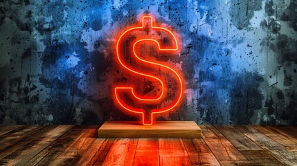 Poster - Dollar sign neon on dark background, copy space