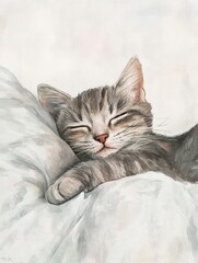 Aufkleber - A peaceful gray tabby cat sleeps soundly on a soft white bedspread during a bright afternoon. Generative AI