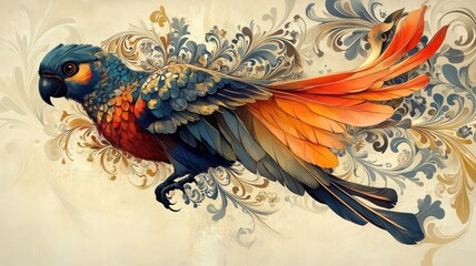 Wall Mural - A parrot rendered in Art Nouveau style, with intricate, flowing patterns and decorative elements.