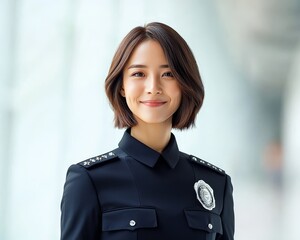 A young woman with short black hair, wearing a police uniform, smiles confidently.