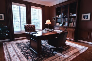 A home office with a large wooden desk, leather chairs, and a bookcase.