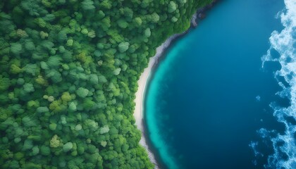 Wall Mural - Lush green forest seamlessly merging with pristine blue ocean, showcasing nature’s serene beauty from an aerial perspective