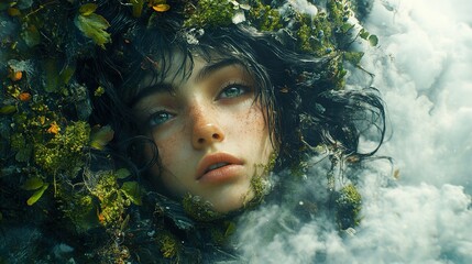 Wall Mural - Woman Surrounded by Moss and Fog: A Dreamy Fantasy Portrait