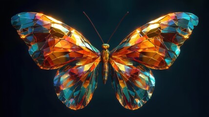 A butterfly in a stylized 3D illustration, featuring geometric shapes and vibrant hues for a modern artistic approach.