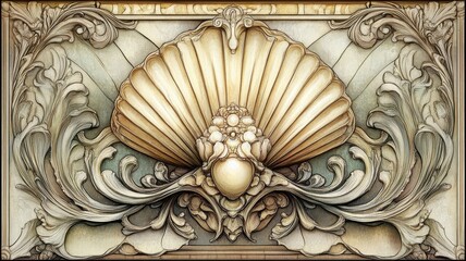 Wall Mural - Shellfish depicted in Art Nouveau style, characterized by elegant, flowing lines and intricate decorative elements.