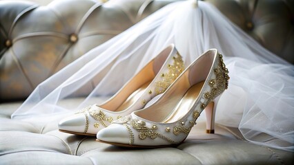 White shoes with gold and silver embellishment on couch with veil