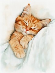 Poster - A cozy orange cat peacefully sleeping on a white bedspread, enjoying a warm and restful moment during the day. Generative AI