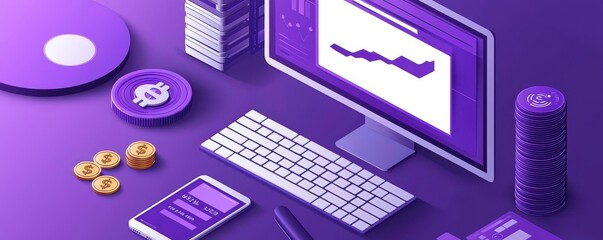 Poster - Flat  illustration of a purple financial analytics workspace featuring computer screen with graphs, keyboard, coins, and business graphics