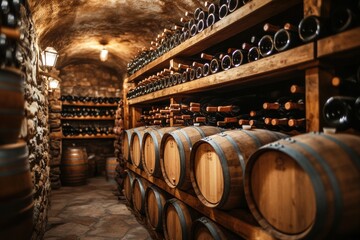 Poster - A rustic wine cellar featuring wooden barrels and shelves brimming with a variety of wine bottles ready for aging. Generative AI