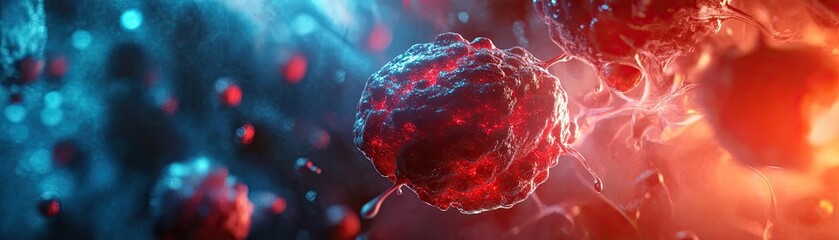 Poster - Microscopic view of colorful cells, showcasing vibrant red and blue hues, representing biology and life sciences in a stunning visual.