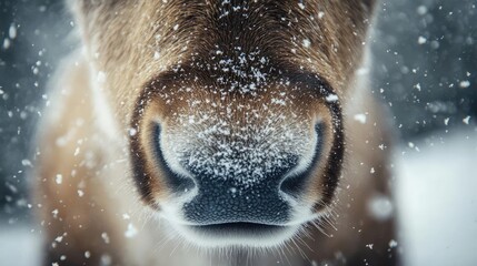 Poster - A close-up of a reindeer's nose covered in snow, capturing the essence of winter wildlife in a serene snowy landscape.